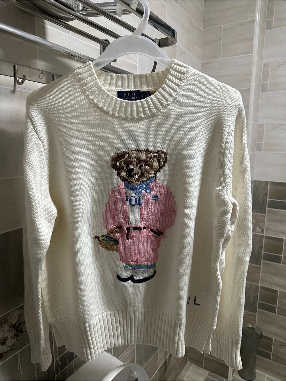 Polo by Ralph Lauren Cream Crewneck Sweater with Pink Bear Motif
